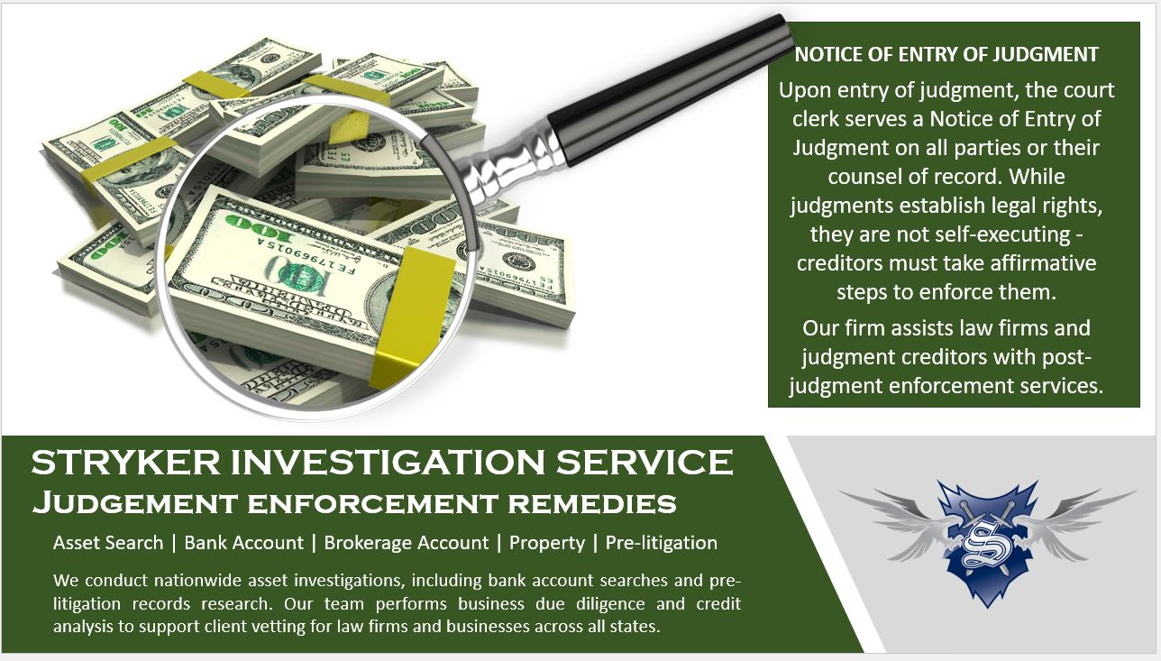 Stryker Investigation Services - Private Investigator And Investigations, - (800) 733-1950. Licensed California Private Investigation Agency. Asset Searches -Litigation Support Services - Financial Investigations - Fraud Investigations