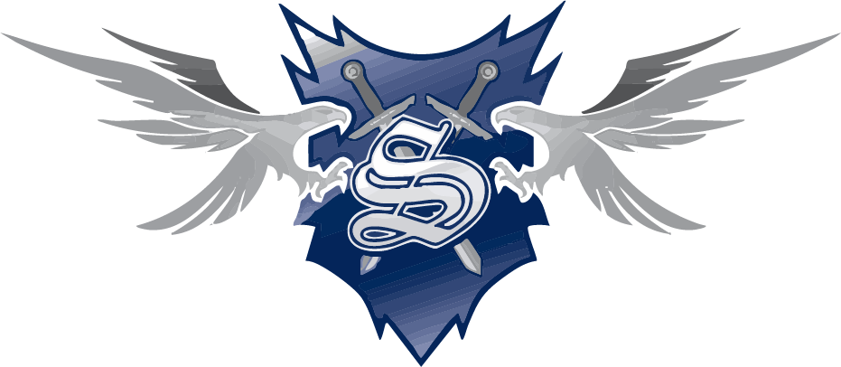 Professional logo for Private Investigator Stryker Investigations featuring two birds of prey with extended talons descending toward a shield with 'S' monogram and crossed swords, in navy blue and gray.