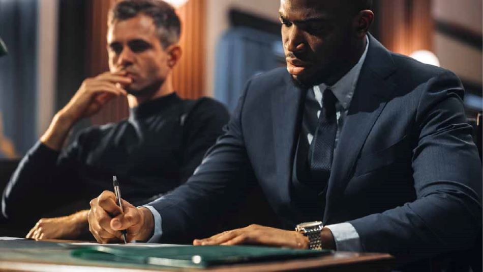 Attorney Taking Detailed Notes While Seated With Client At Courtroom Table During Legal Proceedings, Demonstrating Active Representation