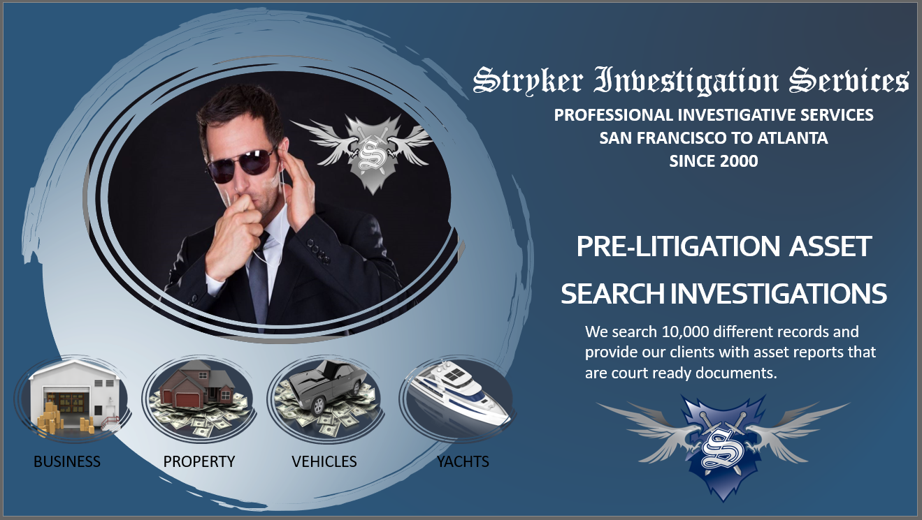 Professional Investigator In Business Suit Surrounded By Images Of Assets - Commercial Property, Residential Real Estate, Luxury Vehicle, And Yacht.