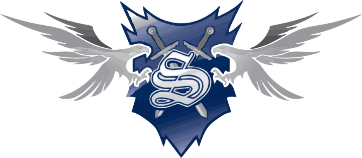 Stryker Investigations Professional logo featuring two birds of prey with extended talons descending toward a shield with 'S' monogram and crossed swords, in navy blue and gray